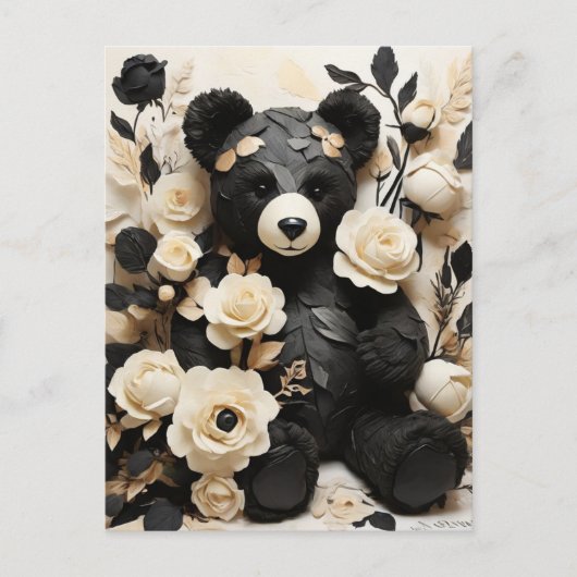 Carte Postale Papier Rose & Feuille & Ours Noir Valentine (Devant)