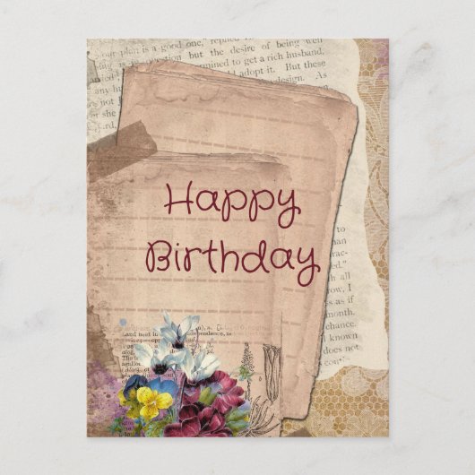 Carte Postale Papiers vintages et fleurs Joyeux anniversaire (Devant)
