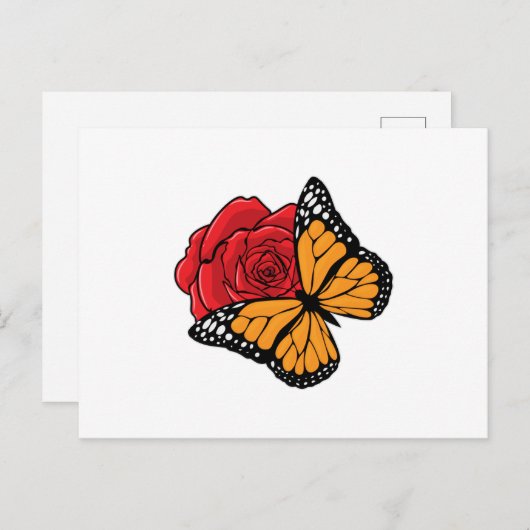 Carte Postale Papillon avec Rose (Devant / Derrière)