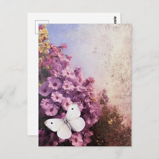 Carte Postale Papillon blanc Fleurs violettes Impressionniste (Devant / Derrière)