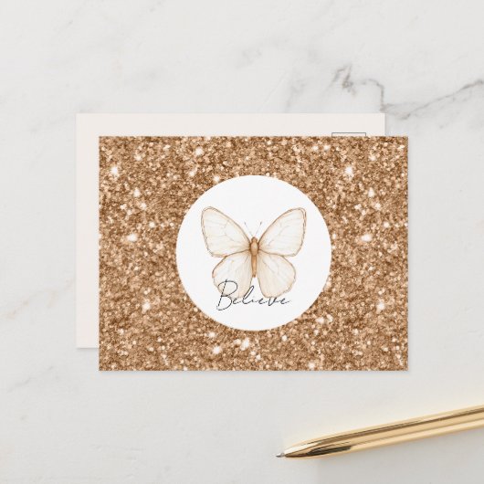 Carte Postale Papillon Blanc Pailleté Faux Or   (Devant/Arrière en situation)