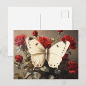 Carte Postale Papillon blanc reposant parmi les roses rouges vib (Devant / Derrière)