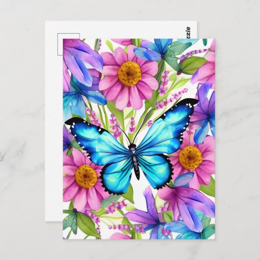 Carte Postale Papillon bleu dans un champ de fleurs (Devant / Derrière)