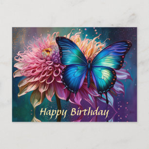Carte Postale Papillon bleu et Dahlia