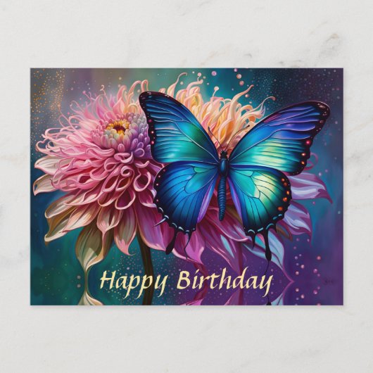 Carte Postale Papillon bleu et Dahlia (Devant)