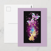 Carte Postale Papillon bleu et lilas clair avec rose doré (Devant / Derrière)