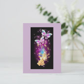 Carte Postale Papillon bleu et violet clair avec rose dorée (Debout devant)