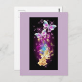 Carte Postale Papillon bleu et violet clair avec rose dorée (Devant / Derrière)