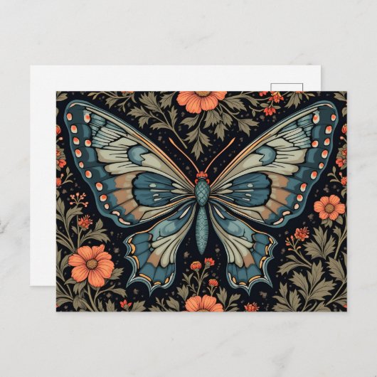 Carte Postale Papillon Bleu Fleurs Orange (Devant / Derrière)
