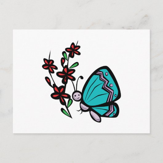 Carte Postale papillon bleu mignon et fleurs (Devant)