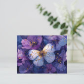 Carte Postale Papillon Bleu sur Fleurs Violettes (Debout devant)