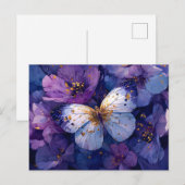 Carte Postale Papillon Bleu sur Fleurs Violettes (Devant / Derrière)