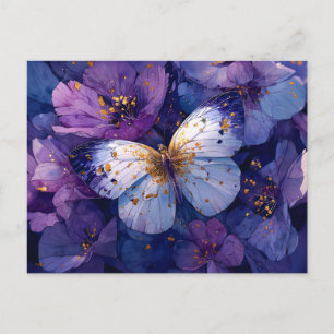 Carte Postale Papillon Bleu sur Fleurs Violettes