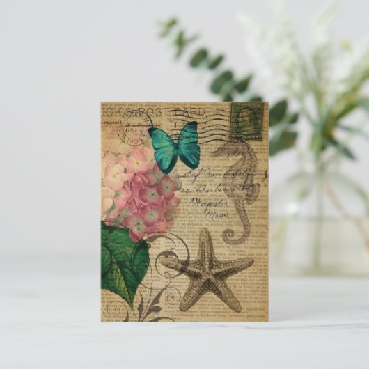 Carte Postale papillon boho Hydrangea étoile de mer Français Bot (Debout devant)