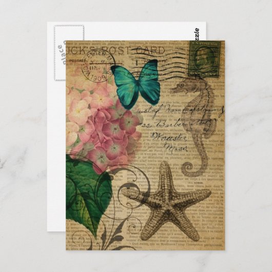 Carte Postale papillon boho Hydrangea étoile de mer Français Bot (Devant / Derrière)