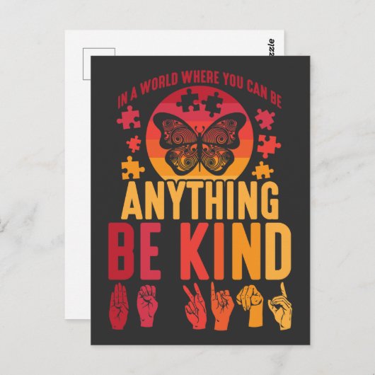 Carte Postale Papillon de puzzle de langue des signes américaine (Devant / Derrière)