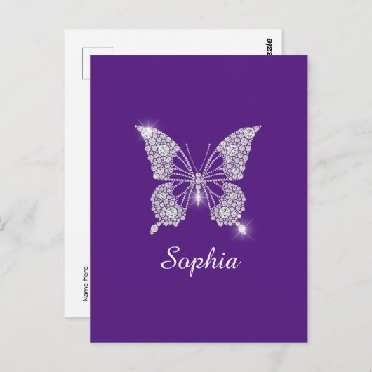 Carte Postale Papillon Diamant Blanc, Nom de Script, Violet Roya (Devant / Derrière)