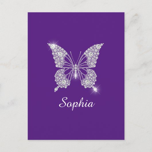 Carte Postale Papillon Diamant Blanc, Nom de Script, Violet Roya (Devant)
