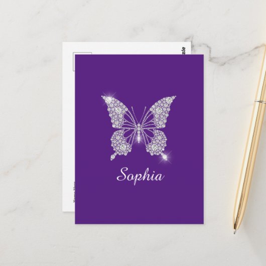 Carte Postale Papillon Diamant Blanc, Nom du script, Royal Purpl (Devant/Arrière en situation)