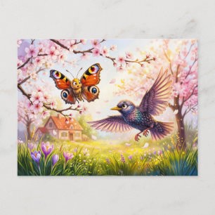 Carte Postale Papillon effrayé par un oiseau sous les fleurs de