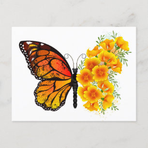Carte Postale Papillon Fleur avec Pavot de Californie Jaune