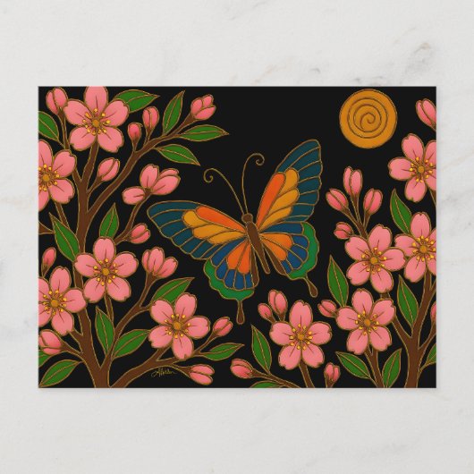 Carte Postale Papillon Fleur de Cerisier Lune (Devant)