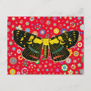 Carte Postale papillon fleurs nature faune art rouge