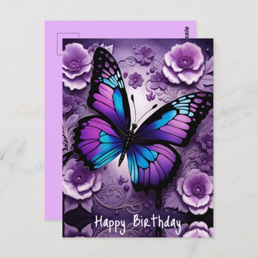 Carte Postale Papillon floral violet pour anniversaire (Devant / Derrière)