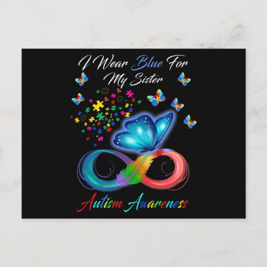 Carte Postale Papillon Je Porte Du Bleu Pour Ma Soeur Autisme (Devant)