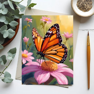 Carte Postale Papillon Monarque Fleur Rose Peinture Florale