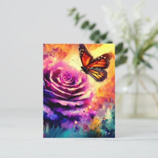 Carte Postale Papillon monarque sur Rose violet au soleil coucha (Debout devant)
