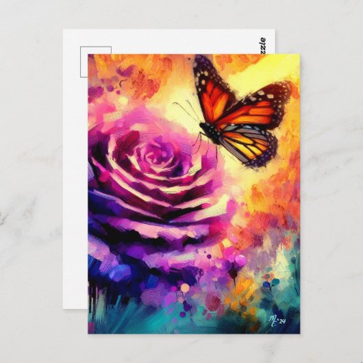 Carte Postale Papillon monarque sur Rose violet au soleil coucha (Devant / Derrière)