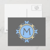 Carte Postale Papillon Monogramme de couronne bleu gris jaune (Devant / Derrière)