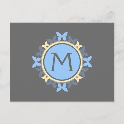 Carte Postale Papillon Monogramme de couronne bleu gris jaune (Devant)