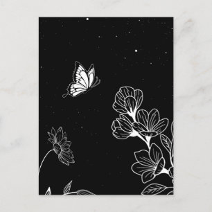 Carte Postale Papillon noir et blanc et fleurs à l'art nocturne