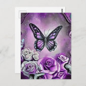 Carte Postale Papillon pourpre et Roses (Devant / Derrière)