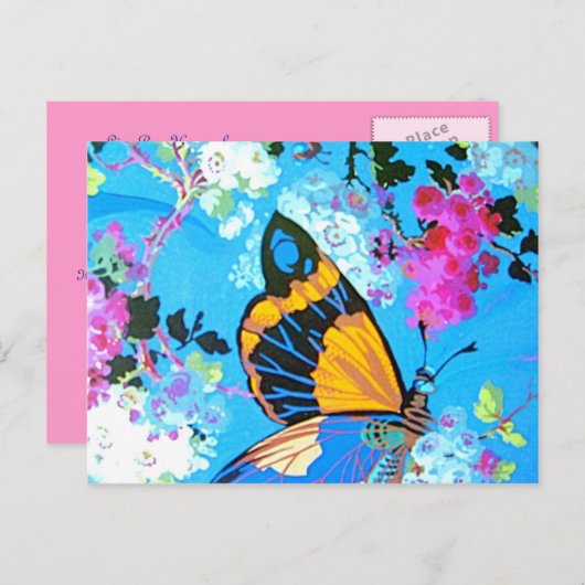 Carte Postale Papillon rose et bleu (Devant / Derrière)