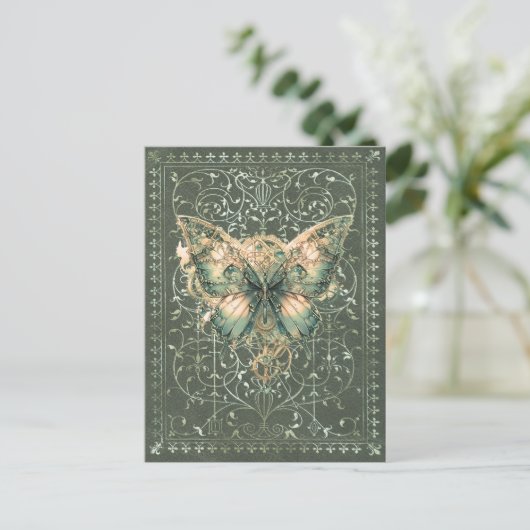 Carte Postale Papillon Steampunk vert élégant (Debout devant)