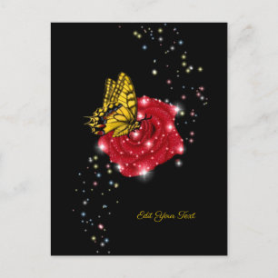 Carte Postale Papillon sur rose rouge avec étoiles et gouttes de