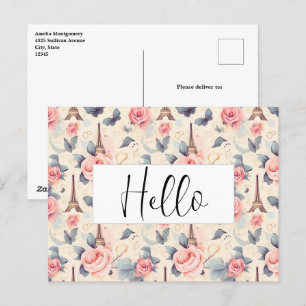 Carte Postale Papillon Tour Eiffel et Motif Rose Bonjour