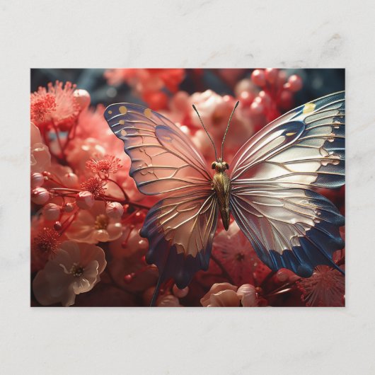Carte Postale Papillon transparent, baies et fleurs (Devant)