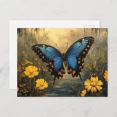Carte Postale Papillon vintage et fleurs jaunes peinture (Devant / Derrière)