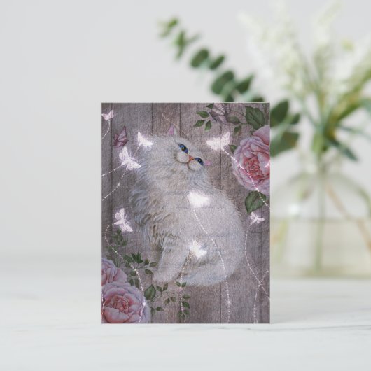 Carte Postale Papillons Blanc Kitty Chat Floral (Debout devant)