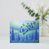 Carte Postale Papillons bleus avec des fleurs bleues, (Debout devant)