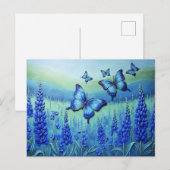 Carte Postale Papillons bleus avec des fleurs bleues, (Devant / Derrière)