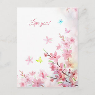 Carte Postale Papillons de cerisier rose aquarelle Je t'aime