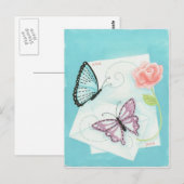 Carte Postale Papillons et aquarelle rose (Devant / Derrière)