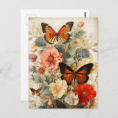 Carte Postale Papillons et fleurs vintages (Devant / Derrière)