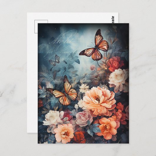 Carte Postale Papillons et fleurs vintages (Devant / Derrière)