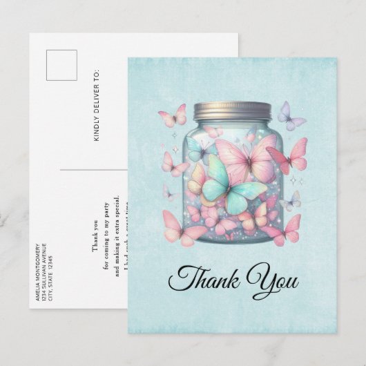 Carte Postale Papillons Fantaisistes dans un Pot Merci (Devant / Derrière)
